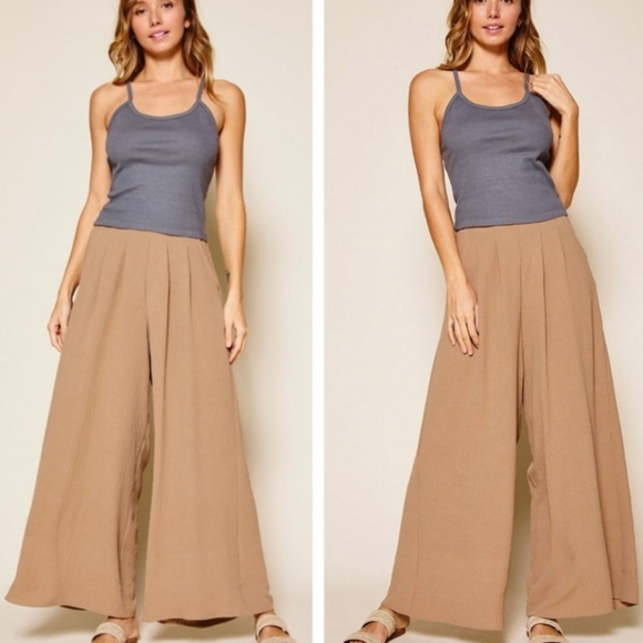 #128 SALE 🛑 L Mocha Khaki Fabulous Boho Wide Leg Solid Pleated Pants - Picture 6 of 11